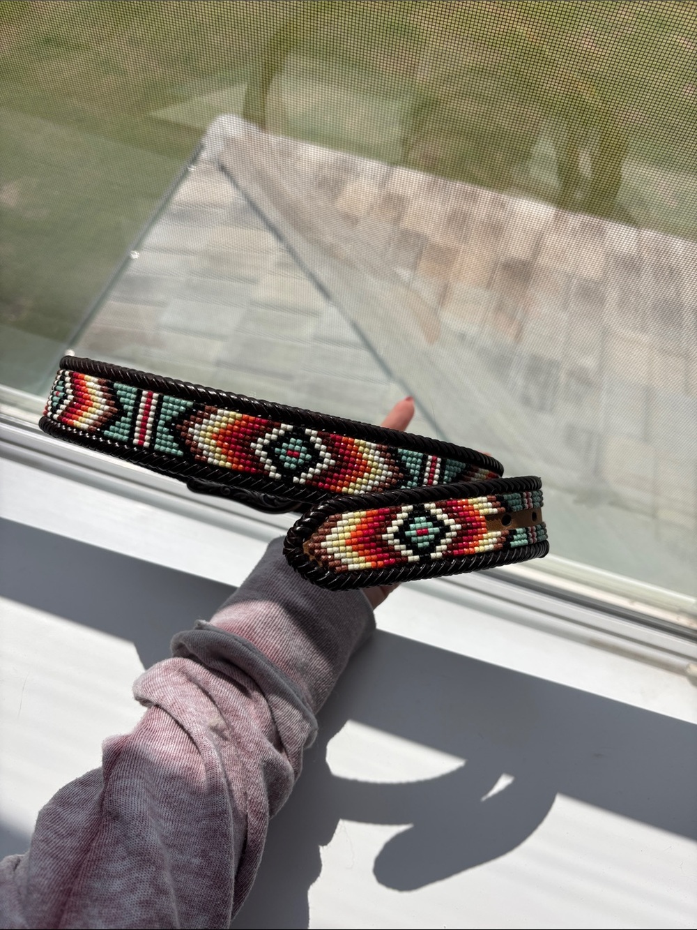 Nocona Brown Leather Belt with Multicolor Beaded Geometric Design